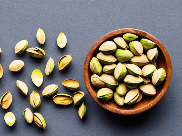 Flat lay of pistachio nuts in white bowl isolated on a white background