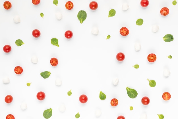 Flat lay pizza ingredients on table