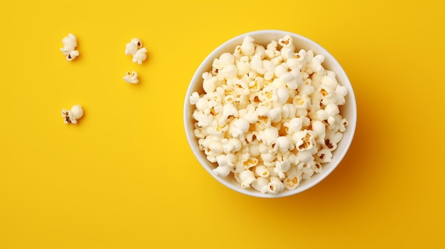 Flat lay popcorn viewed from above on yellow background