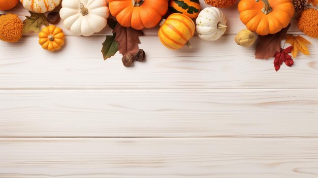 Photo flat lay pumpking and leafs in a light wooden background