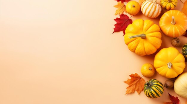 Flat lay pumpking and leafs in a pastel color background