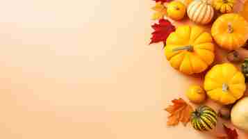 Photo flat lay pumpking and leafs in a pastel color background