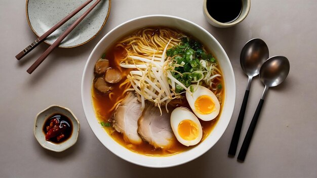 Flat lay ramen soup in bowl