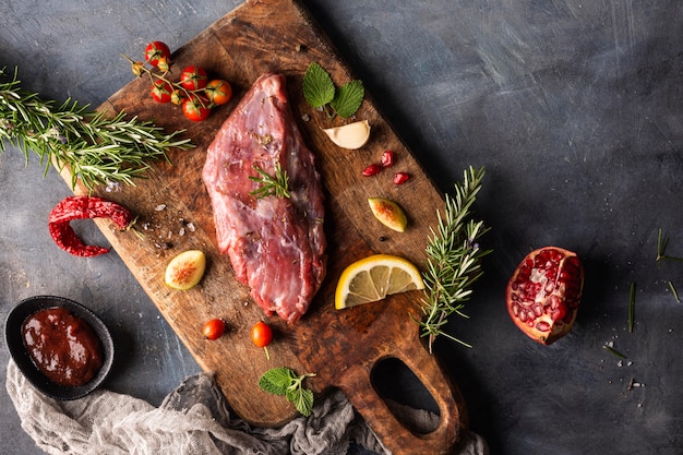 Foto piatto di laici concetto di carne cruda