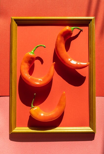 Flat lay red fresh hot chili pepper in a frame on red and pink background