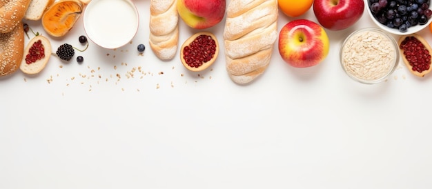 A flat lay representing Shavuot featuring dairy products first fruits and wheat arranged on a