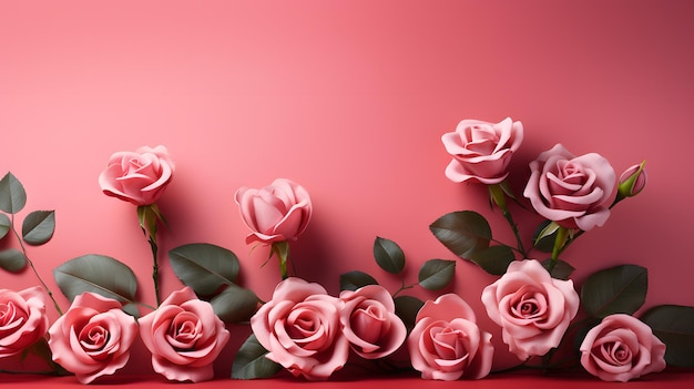 Flat lay roses on pink background