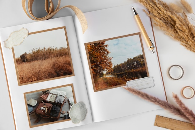 Photo flat lay scrapbook with photos