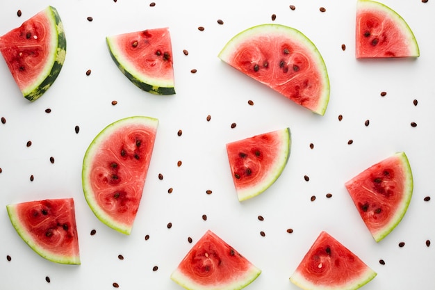 Flat lay sliced watermelon on white background