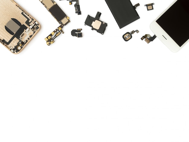 Flat Lay of smart phone components isolate