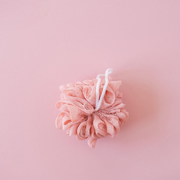 Flat lay sponge on a pink background Top view