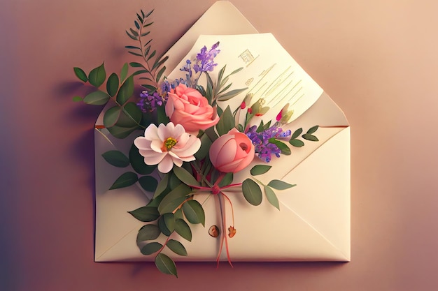 Flat lay spring flowers and card Generative Ai