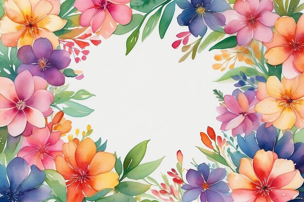 Flat lay square frame with flower petals on watercolor spring background