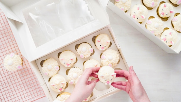 Flat lay. Step by step. Boxing vanilla cupcakes in shape of Easter bunnies.