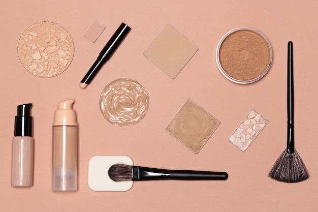 Flat lay still life of foundation makeup products