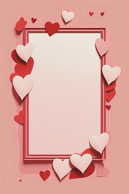 flat lay style image of red hearts arranged in a frame on a pink background