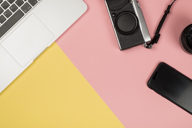 Flat lay style picture of workspace with office supplies