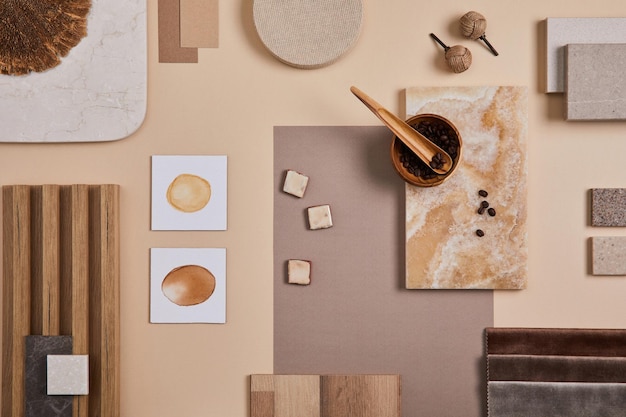Flat lay of stylish architect moodboard composition with beige samples of textile paint wooden lamella panels and tiles Top view Copy space Template