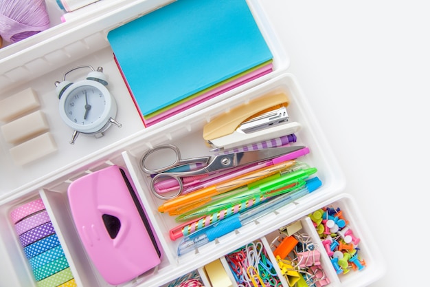 Photo flat lay stylish set: clipboard mockup, washi tape, note on white background. school stationery. back to school concept.