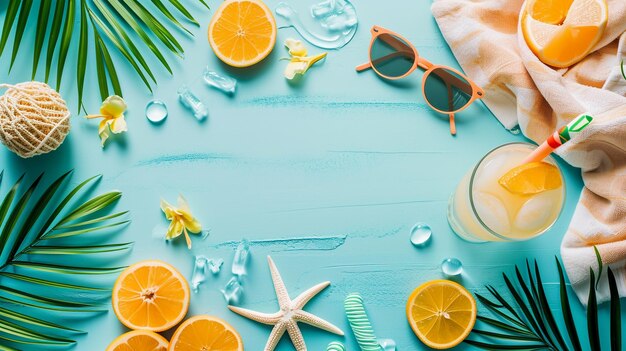 A flat lay of summerthemed elements featuring sunglasses beach towels and a refreshing drink ca