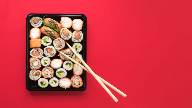 Flat lay sushi composition with copyspace