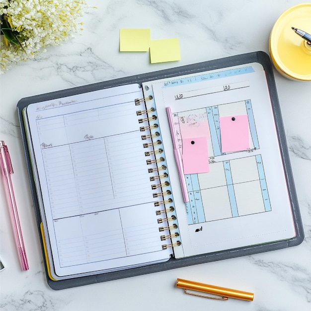 a flat lay of a task management system including a planner sticky notes and a todo list notebook