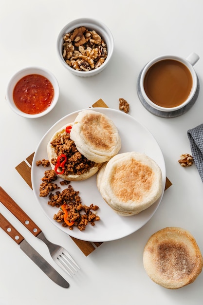 Photo flat lay tasty breakfast meal composition