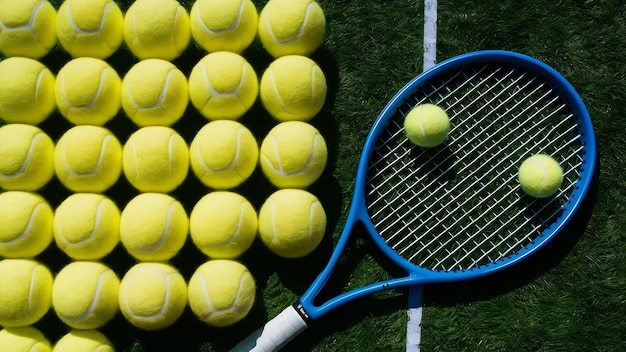 Flat lay of tennis balls with racket