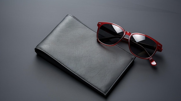 Flat lay tie sunglasses and wallet on gray background