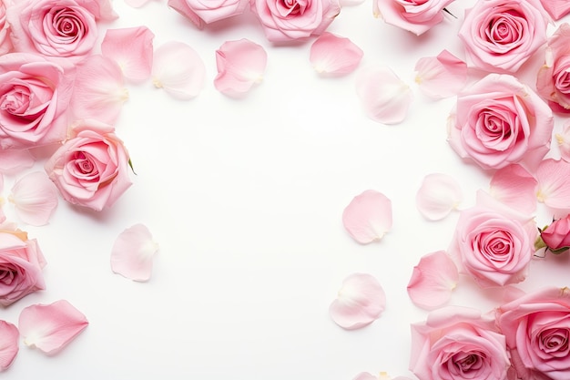 Flat lay top view of a background composed of pink roses flowers and petals on a floral white surfa