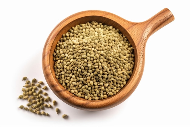 flat lay top view of dried coriander seeds in the wooden bowl isolated on white background generatif ai