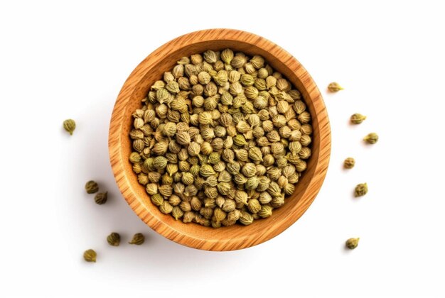 flat lay top view of dried coriander seeds in the wooden bowl isolated on white background generatif ai