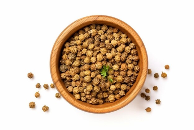 Photo flat lay top view of dried coriander seeds in the wooden bowl isolated on white background generatif ai