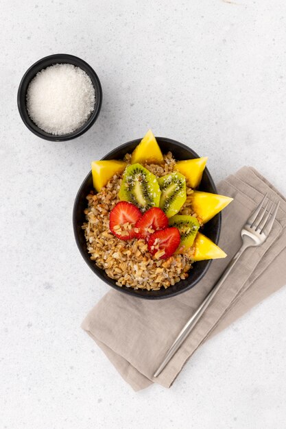 Flat lay top view healthy food breakfast concept.