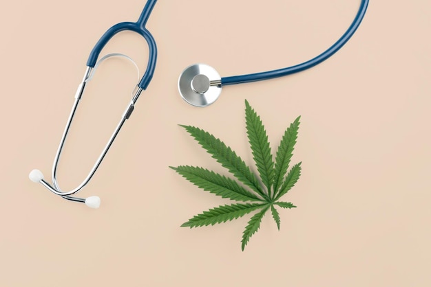 Flat lay top view image of legalized green hemp leaf next to a stethoscope