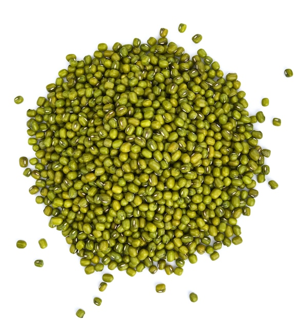 Photo flat lay (top view) of mung bean (vigna radiata) seeds isolated on white space.