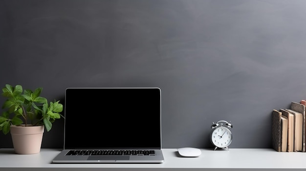 Flat lay top view office desk working space with laptop generative ai