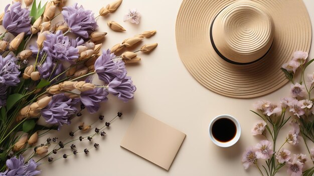 Flat lay top view office table desk Workspace with paintbrush laptop lilac flowe Generative AI