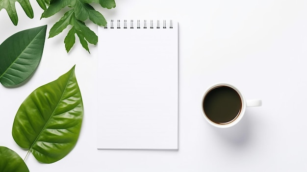 Flat lay top view office table desk workspace with white blank paper and coffee generative ai