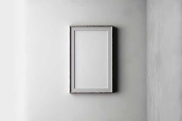 Flat lay top view one grey rectangular vertical frame hanging on a white textured wall