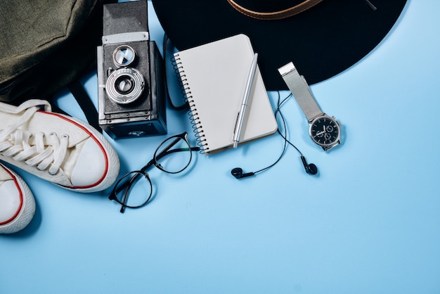  Flat lay, top view. Summer background.