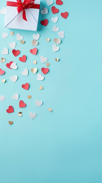 Flat lay top view van geschenkdoos en hart confetti op pastelblauwe achtergrond met copyspace Valentine