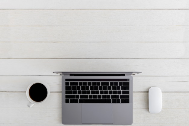 Flat lay, top view wooden office desk Workspace