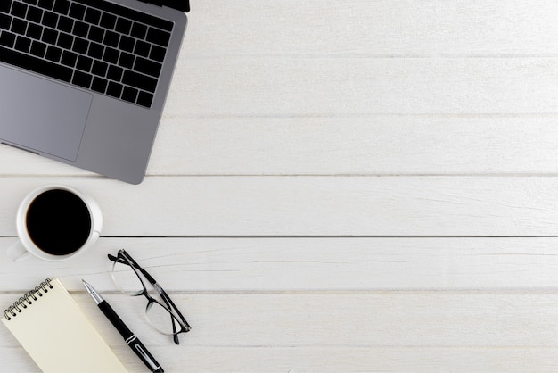 Flat lay, top view wooden office desk Workspace