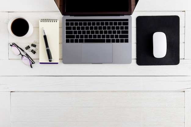 Flat lay, top view wooden office desk Workspace