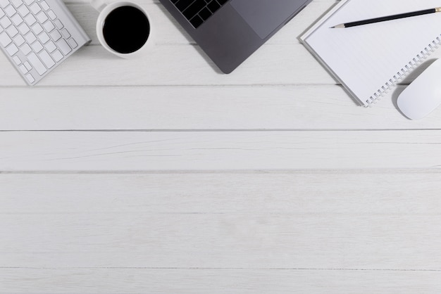 Flat lay, top view wooden office desk Workspace