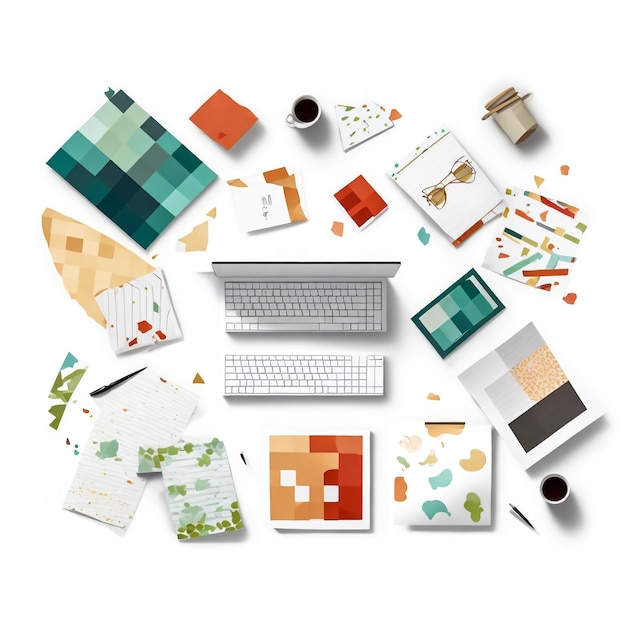 flat lay or top view workspace business green desk with laptop computer office supplies tablet cell phone and coffee cup using for background