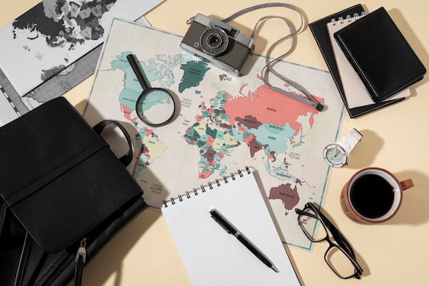 Photo flat lay of traveling elements collection