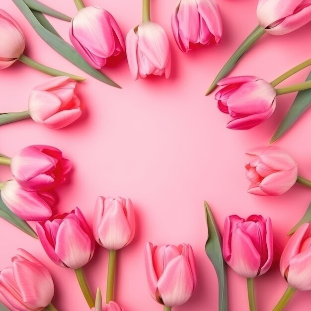 A flat lay of tulip flowers on pink background Generative AI