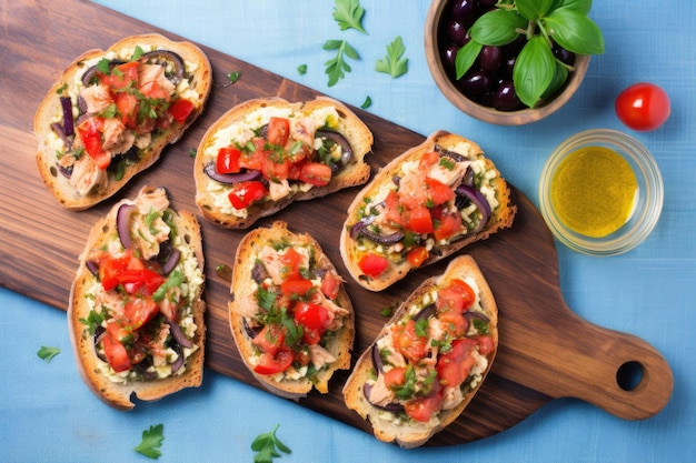 Flat lay of tuna bruschetta spread on a blue cloth